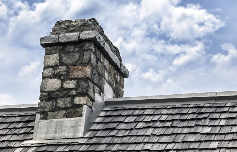 Stone chimney repair on a slate roof